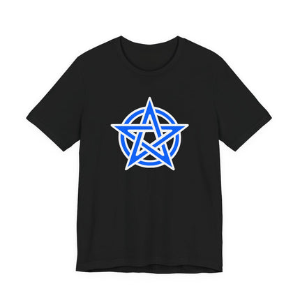 Black tee featuring a blue mystical pentagram pentacle symbol graphic.
