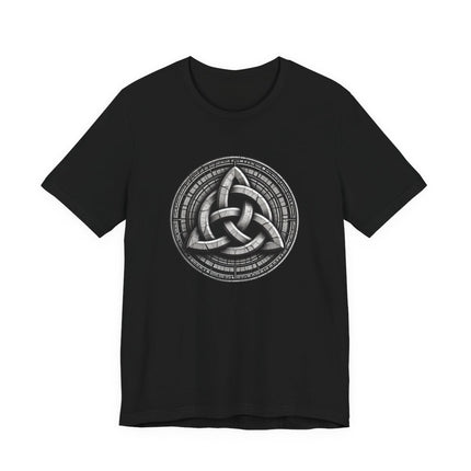 Black tee featuring a detailed Celtic Triquetra knot symbol within a circular border.