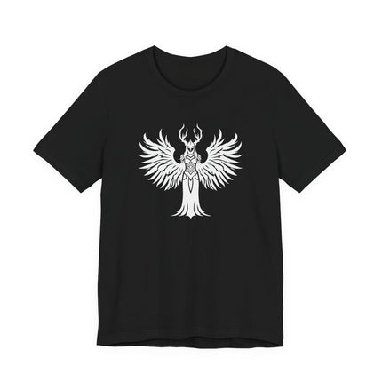 Valkyrie winged antler graphic on a black Norse mythology t-shirt.