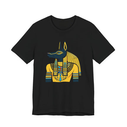 Anubis Egyptian god graphic on a black t-shirt, featuring the jackal deity of ancient Egypt.