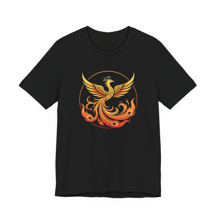 Fiery phoenix graphic on a black t-shirt, symbolizing rebirth and renewal.