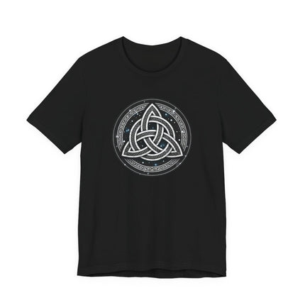 Black t-shirt featuring a detailed white Celtic Triquetra knotwork design.