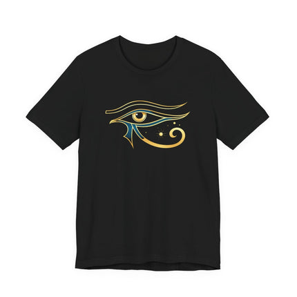 Gold Eye of Horus symbol graphic on a black t-shirt. Ancient Egyptian protection design.
