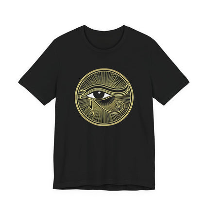 Ancient Egyptian Eye of Horus symbol graphic tee, featuring a golden protective symbol on black.