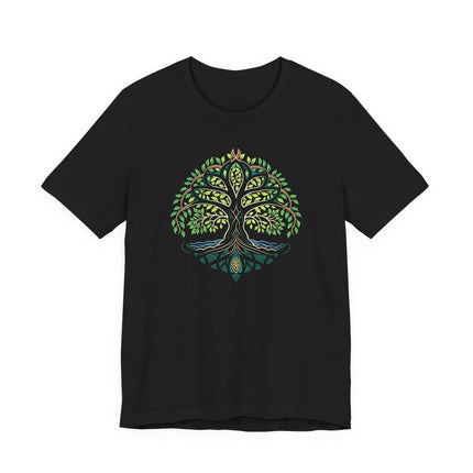 Symbolic Celtic Tree of Life graphic on a black t-shirt.