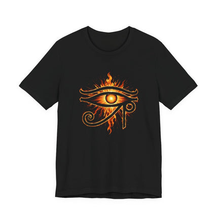 Flaming Eye of Ra symbol graphic on a black Egyptian t-shirt.
