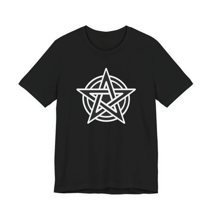 Black t-shirt featuring a white pentagram symbol graphic for occult and wiccan style.