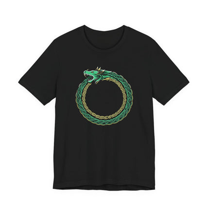 Ouroboros dragon knotwork graphic tee featuring a Norse serpent eating its tail.