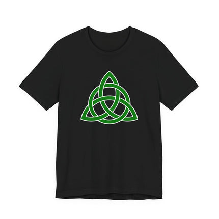 Green Celtic Triquetra knot symbol on a black t-shirt.
