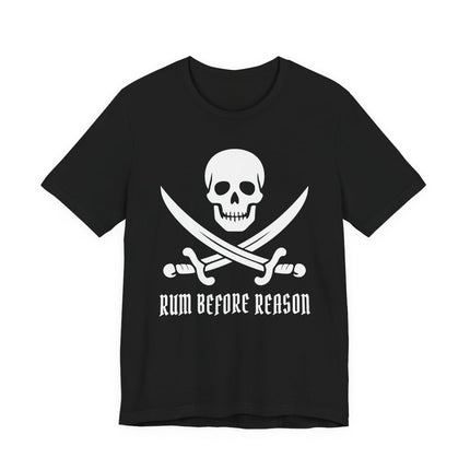 Pirate skull and crossed swords graphic tee with "Rum Before Reason" text.