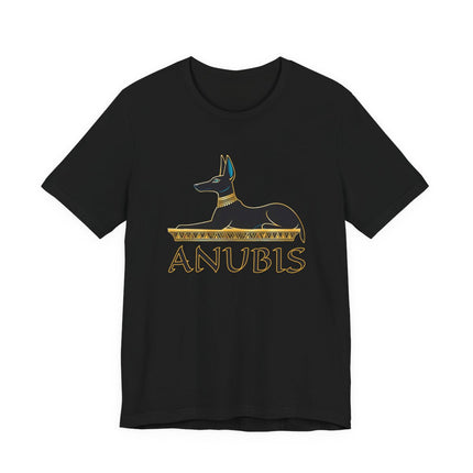 Anubis Egyptian god graphic tee featuring the jackal-headed deity and name.