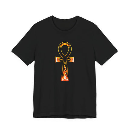 Flaming Ankh symbol graphic tee on a black shirt, representing eternal life.