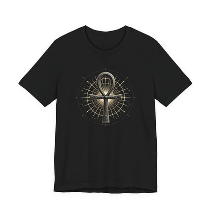 Gold Ankh symbol graphic on black tee. Egyptian Key of Life design.