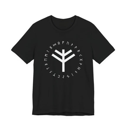 Norse rune t-shirt featuring a bind rune sigil and the full Elder Futhark alphabet design.