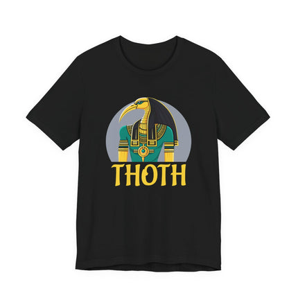 Thoth Egyptian god graphic t-shirt featuring the ibis deity and ancient Egyptian mythology text.