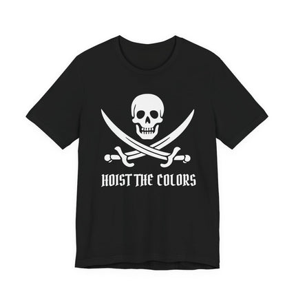 Black t-shirt with pirate skull and crossbones graphic and "Hoist the Colors" text.