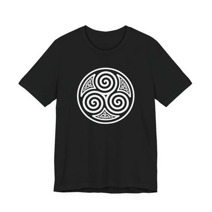Celtic triskelion knotwork design on a black t-shirt. Features a white triple spiral Celtic symbol.