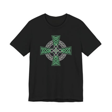 Celtic Cross knotwork design on a black t-shirt.