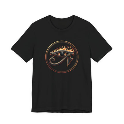 Eye of Ra Ancient Egyptian symbol graphic tee on a black t-shirt.