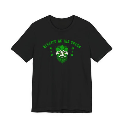 Black t-shirt featuring the Green Man and "Blessed Be The Green" pagan nature design.
