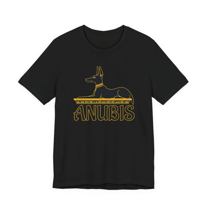 Anubis Egyptian god silhouette graphic tee in gold on black. Ancient mythology apparel.