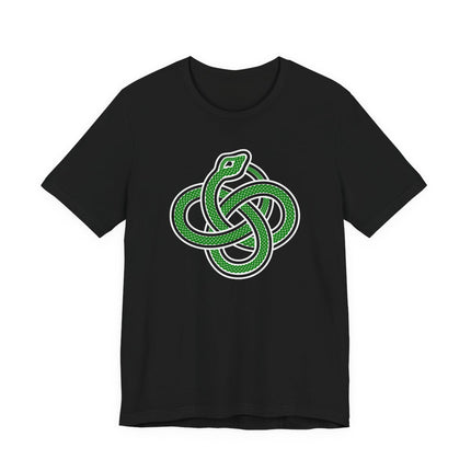 Celtic Ouroboros knotwork design on a black graphic tee.