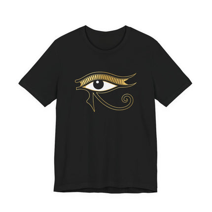 Gold Eye of Horus symbol graphic on a black t-shirt. Ancient Egyptian protection design.