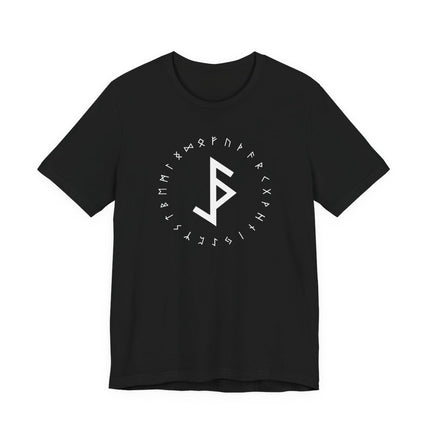 Black tee featuring Norse runes and a protective bind rune sigil in Viking Elder Futhark style.