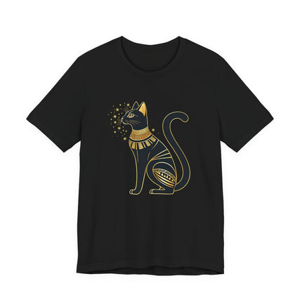 Bastet Egyptian cat goddess graphic tee on black shirt.