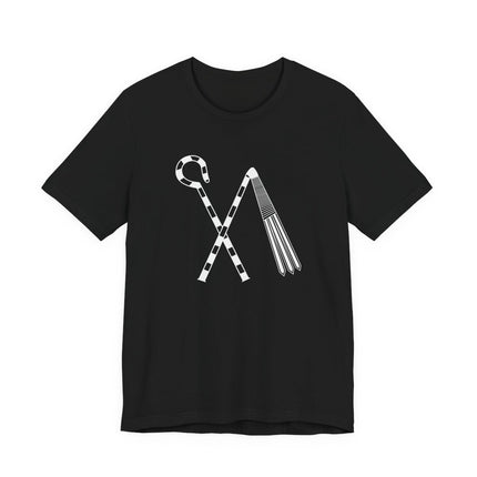 Crook and Flail symbol graphic on a black t-shirt, representing Ancient Egyptian pharaoh authority.