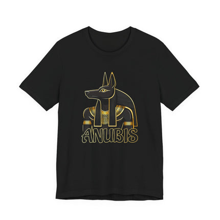 Anubis Egyptian god graphic tee. Gold jackal deity design featuring the ancient Egyptian god on a black shirt.