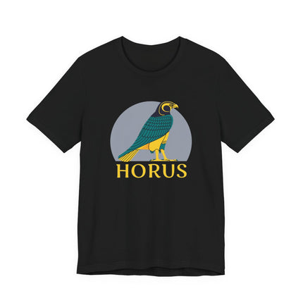 Horus Egyptian falcon god graphic and name on a black t-shirt.