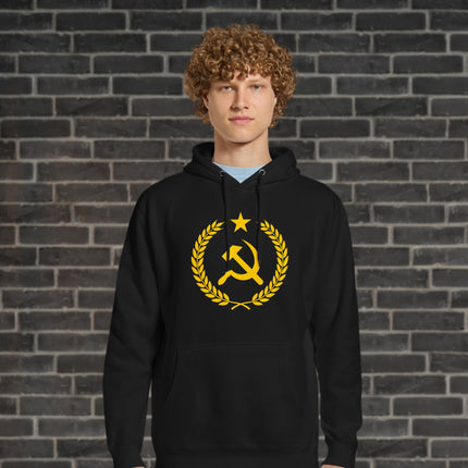 Gold communist hammer and sickle laurel wreath hoodie pullover design.