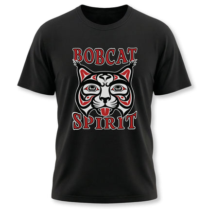 Bobcat formline art graphic tee featuring tribal Pacific Northwest style and "Bobcat Spirit.