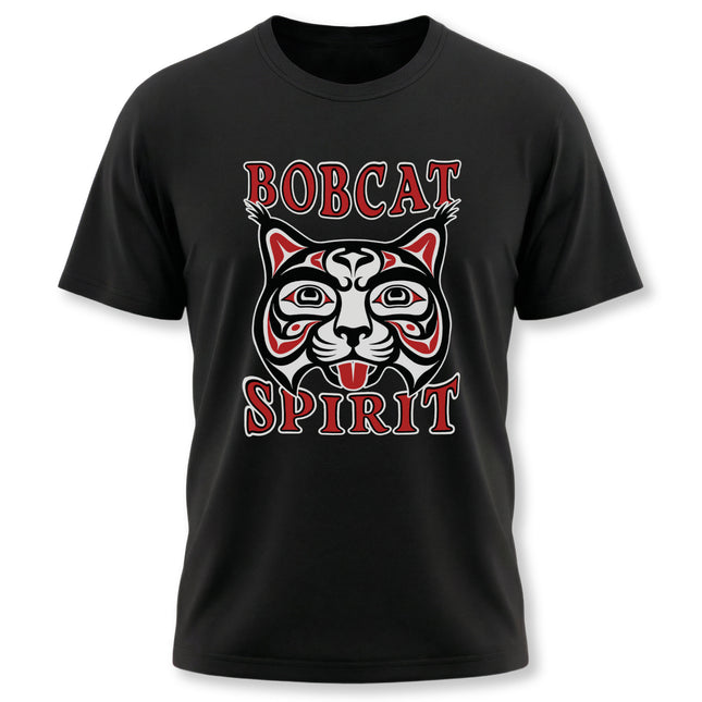 Bobcat formline art graphic tee featuring tribal Pacific Northwest style and "Bobcat Spirit.