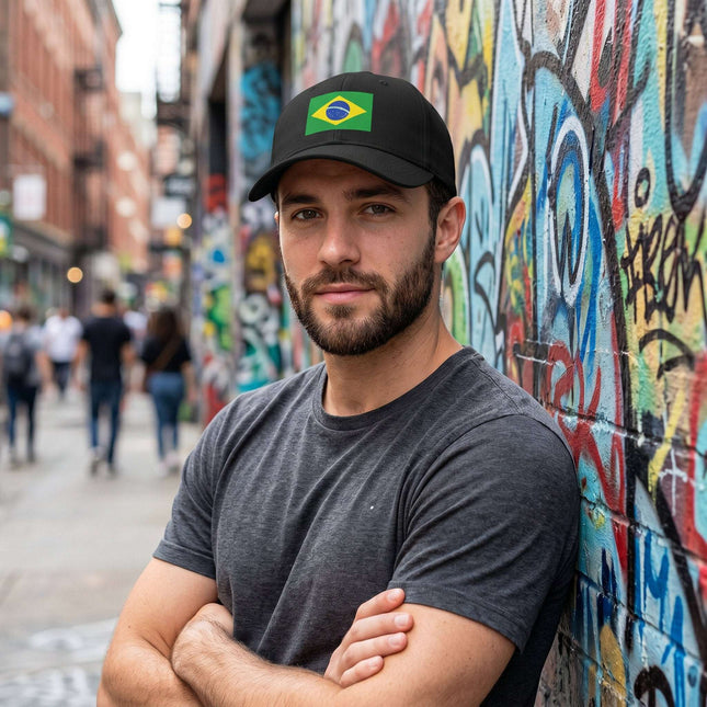 Brazilian flag baseball cap with national pride graphic print for streetwear style.
