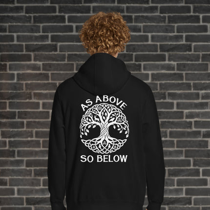 As Above So Below Tree of Life and Celtic knot graphic on a pullover hoodie back print.