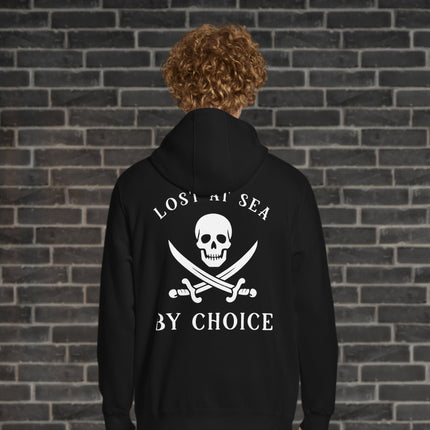 Jolly Roger skull and crossbones graphic printed on the back of a black pullover hoodie.