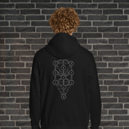 Kabbalah Tree of Life back print hoodie featuring esoteric Sephirot symbols on a pullover pullover.