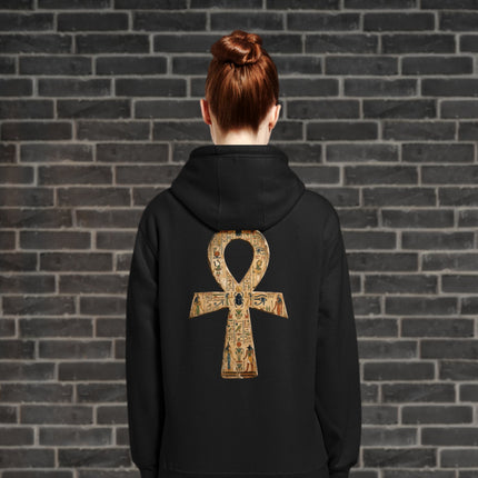 Ankh hieroglyph print hoodie featuring ancient Egyptian symbols on the back.