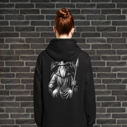 Odin God with ravens and spear Norse Viking mythology back print on pullover hoodie.