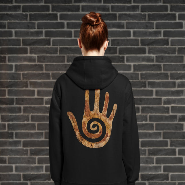 Hopi Healing Hand Spiral Back Print Hoodie | Native American Symbol Pullover