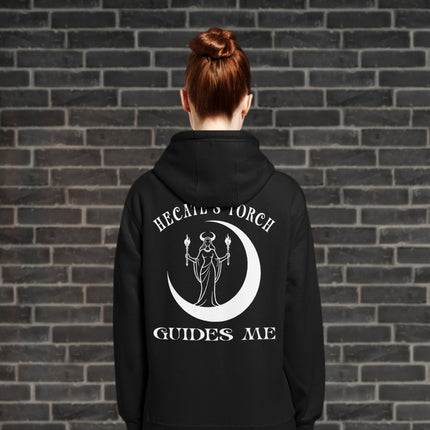 Hecate's torch guides me back print on a witchy goddess moon pullover hoodie.
