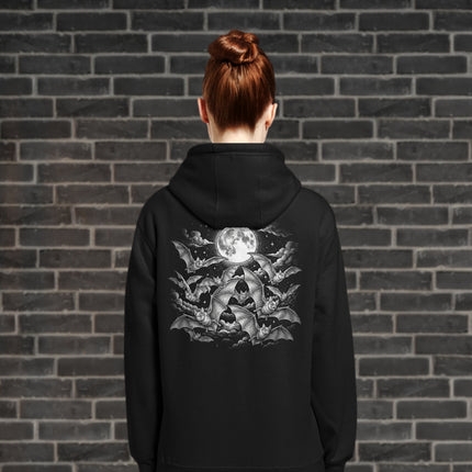 Gothic hoodie featuring flying bats, crescent moon, and celestial night sky graphic print.