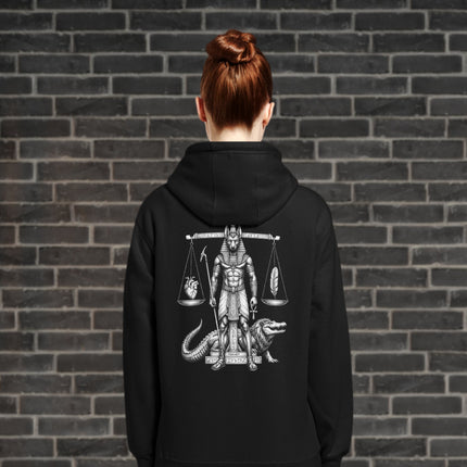 Anubis weighing heart and feather scale print on an Egyptian mythology hoodie.