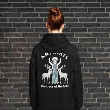 Artemis Goddess of the Wild back print hoodie featuring lunar cycle, deer, and Greek mythology art.