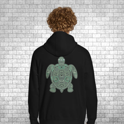 Geometric tribal sea turtle art back print on pullover hoodie.