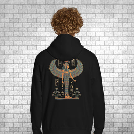 Isis Egyptian goddess back print hoodie featuring ancient mythology artwork.