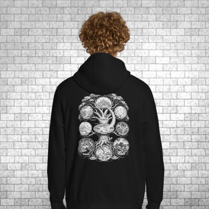 Yggdrasil Nine Worlds World Tree graphic on black Norse mythology pullover hoodie.