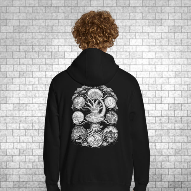 Yggdrasil Nine Worlds Back Print Hoodie, Norse Mythology World Tree Pullover